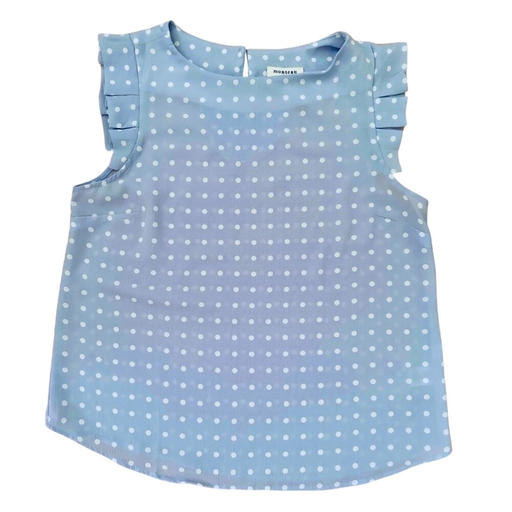 Monteau Blue Flutter-Sleeved Tank with White Polka Dots Large